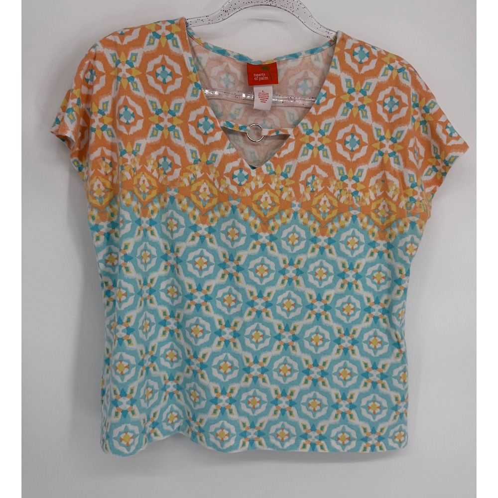Hearts‎ of Palm Womens Orange Teal Geometric Mosaic V-Neck Ring Top Sz L